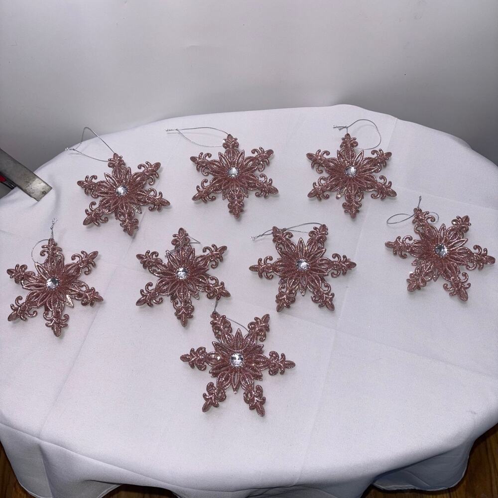 Glittery Pink Snowflake Ornaments Lot of 8
